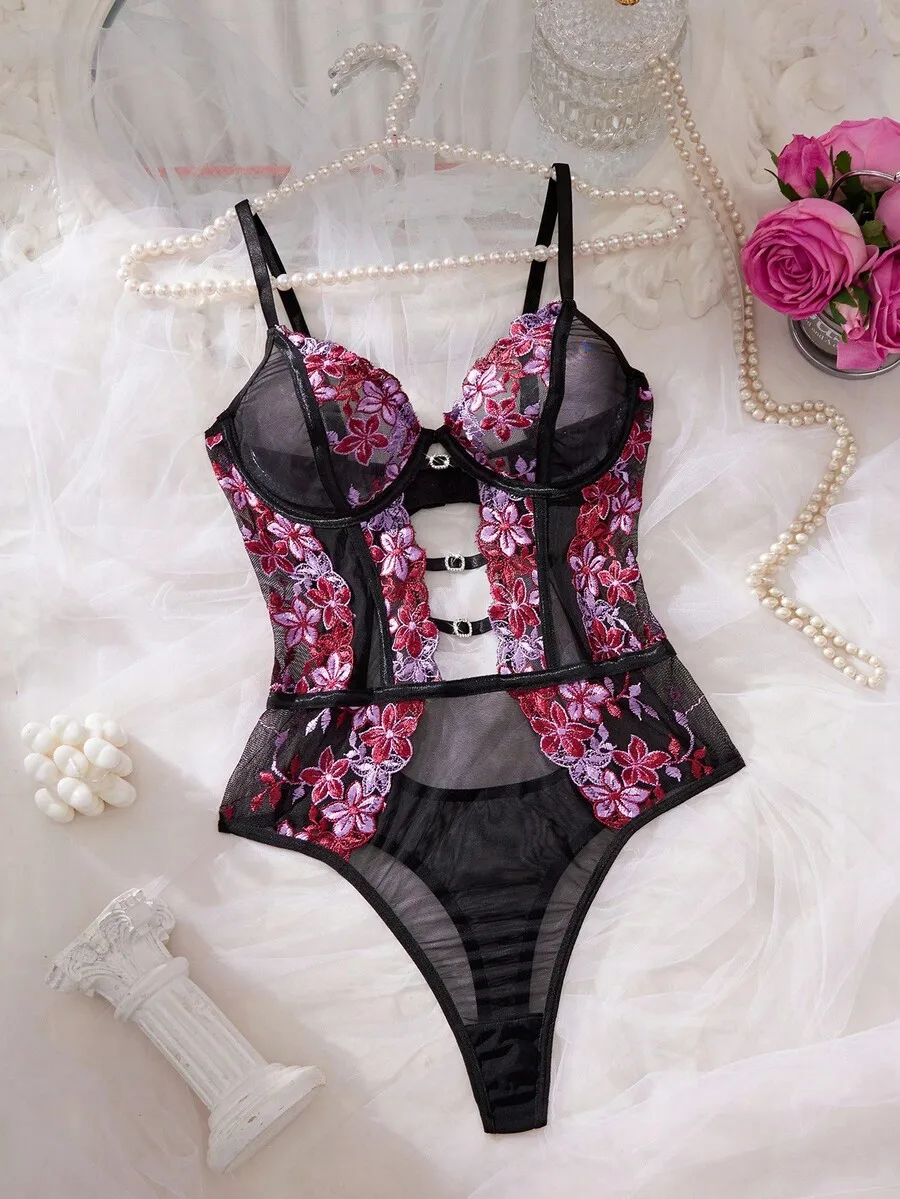 Floral Embroidered Mesh Bodysuit with Sheer Panels and Adjustable Straps