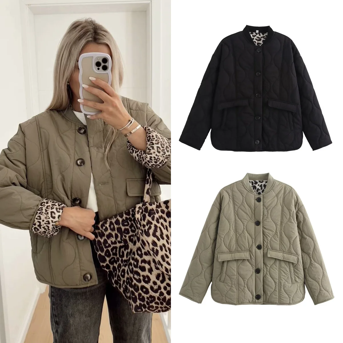 

F/W Tri-Color Leopard-Print Lined Cotton Jacket OEKO-TEX Certified Ribbed Collar Construction Pantone Oversized Workwear Luxe