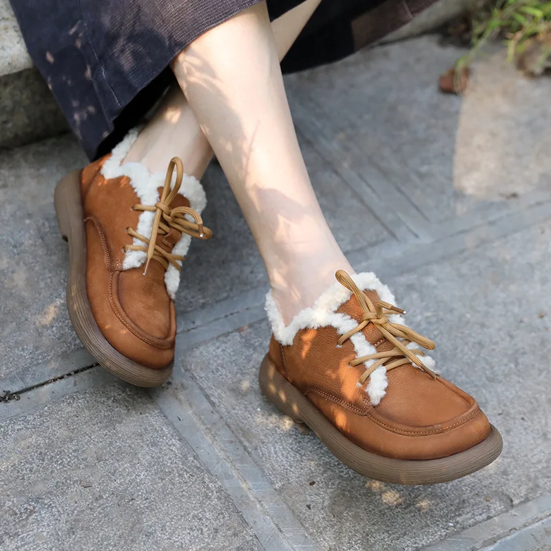 

Winter Flats Leather Shoes Women Handmade Warm Genuine Leather Women Flats Lace Up Plush Insole Casual Low Heels Brand 2023