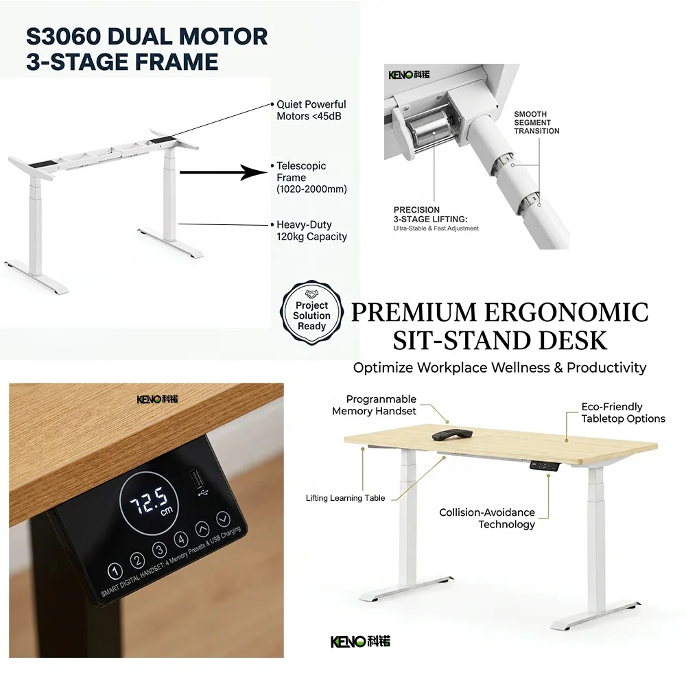 S3060 Triple Motor Electric Standing Desk, Heavy Duty L-Shaped Corner Desk, Industrial Grade Ergonomic Workbench