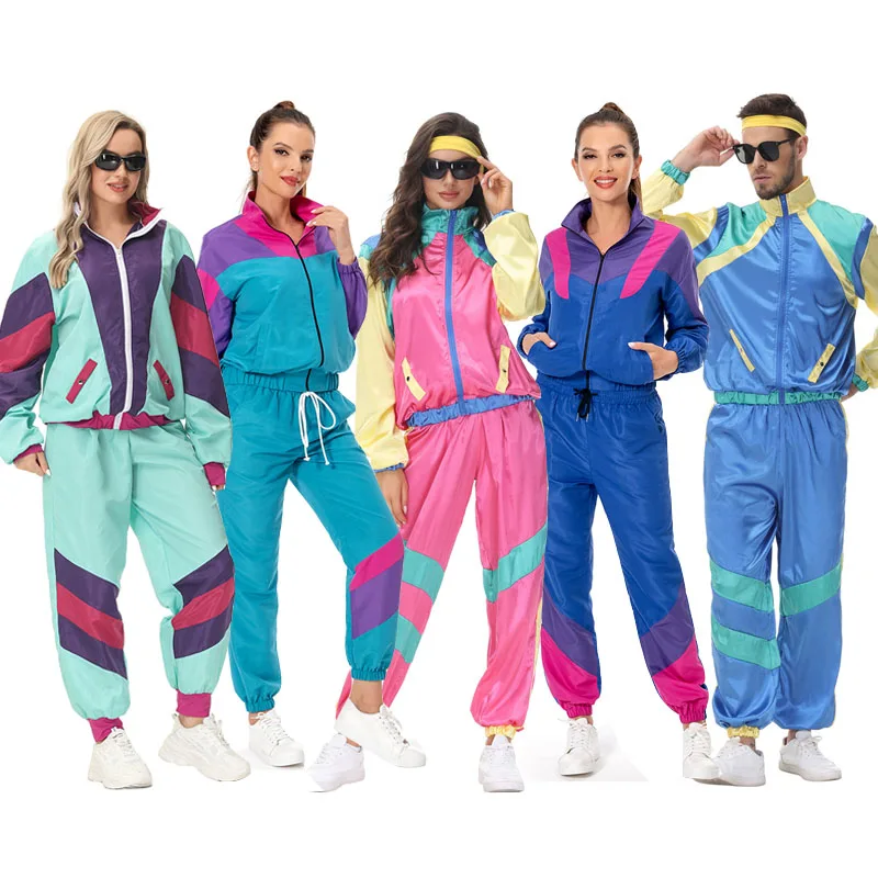 Adult 80s 90s Hippie Disco Cosplay Costume Outfits  Retro Sportwear Halloween Carnival Suit For Women Men Party Role Playing