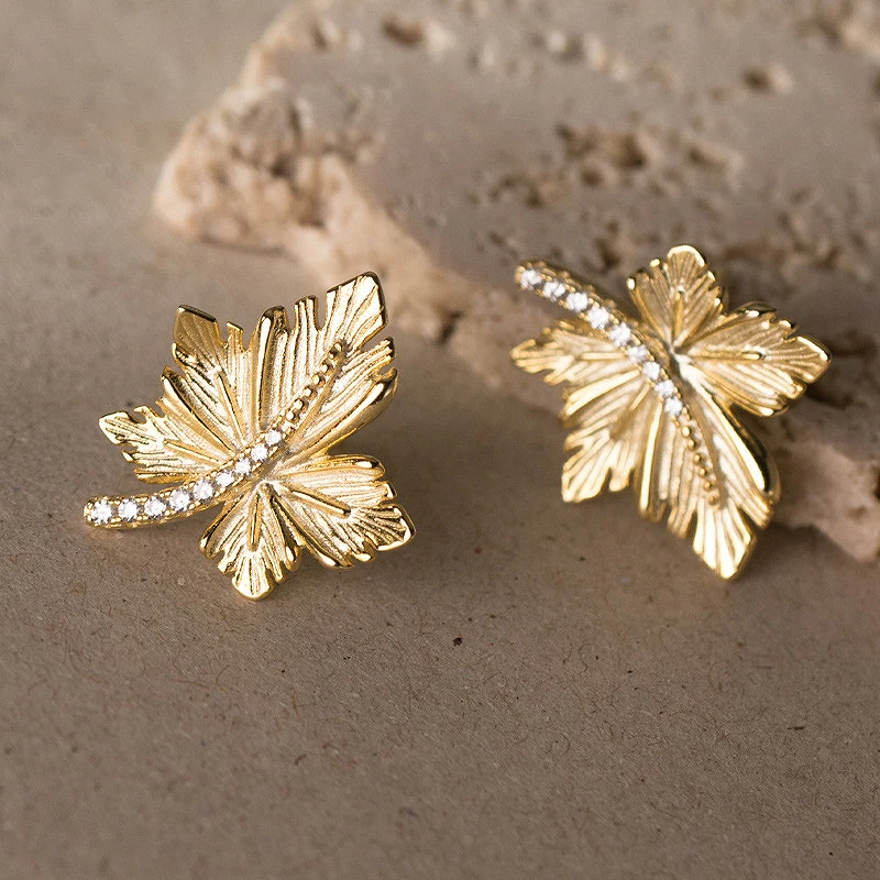 100% Pure Silver Women's Earrings  French Vintage Zircon Maple Leaf Earrings for Women Party Jewelry Gift