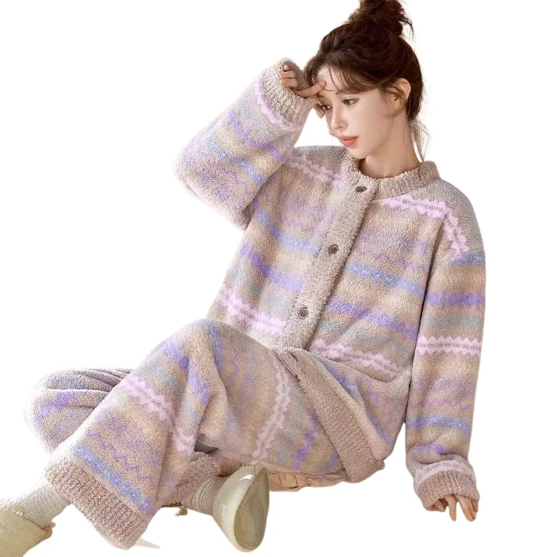 الخريف الشتاء الدافئة المخملية ملابس خاصة المرأة الرجعية الراقية الشعور بيجامة مجموعة مريحة كبيرة الحجم النوم المتسكعون في الهواء الطلق #6