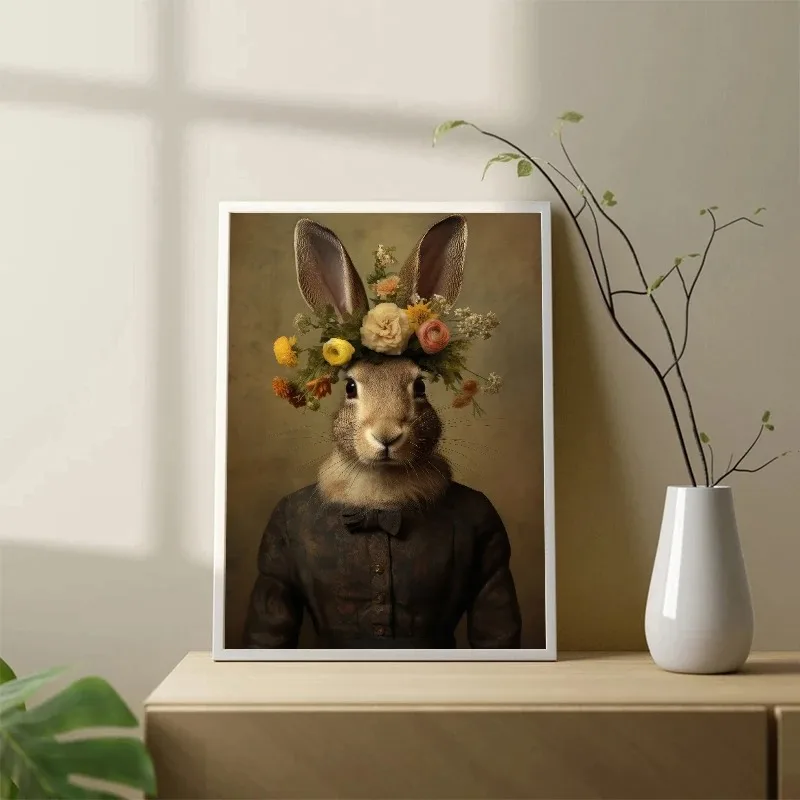 صورة أرنب عتيقة للغرفة ، رأس حيوان ، جسم بشري ، فن حائط مضحك ، ملصقات مطبوعة ، لوحة قماشية ، ديكور منزلي ، مطبوعات عصر النهضة