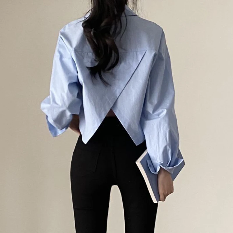 Korean Chic Women Shirts Loose Slit Long Sleeve Female Casual Blouse Summer New All Match Turn Down Collar Ladies Crop Tops