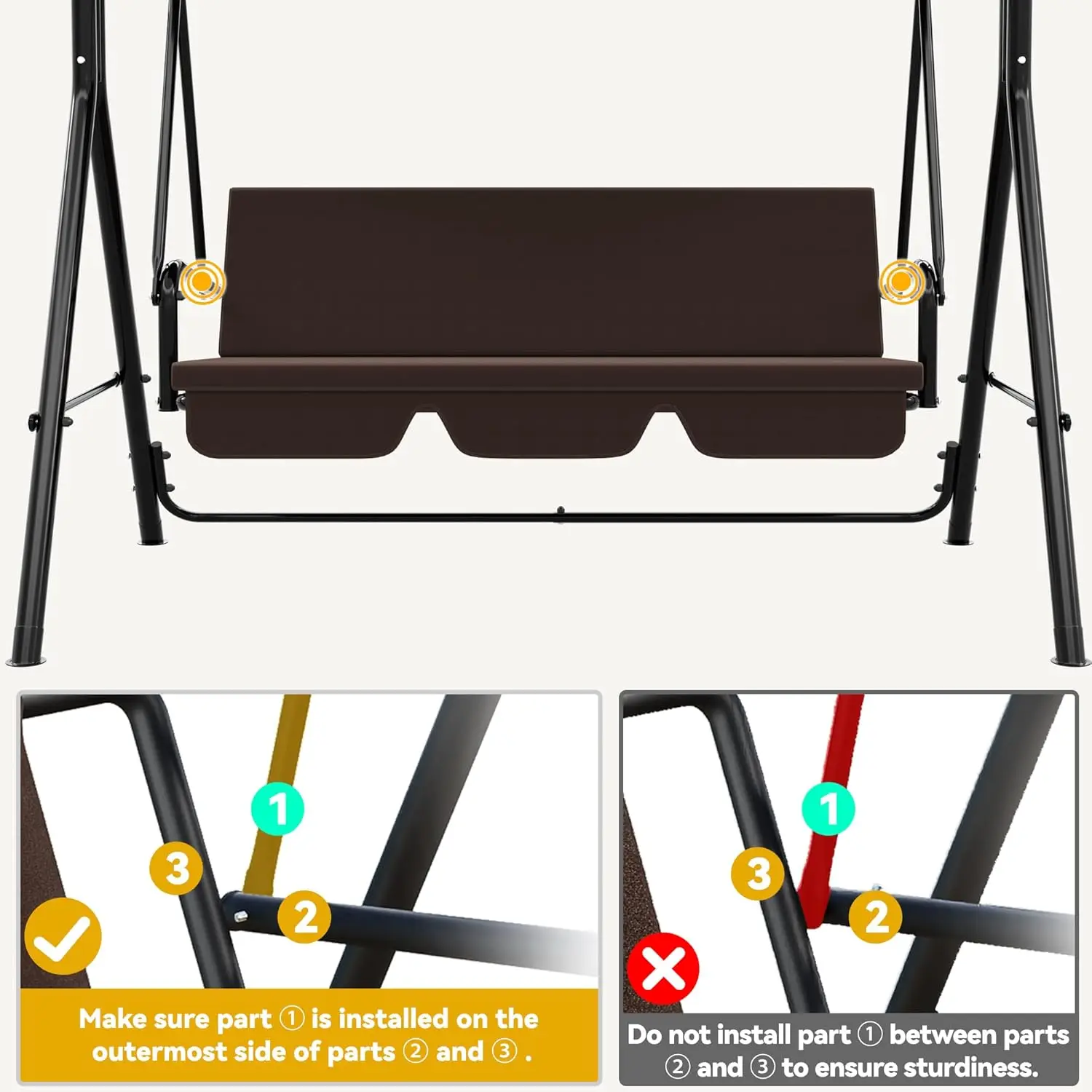 Altalena da patio Altalena per portico anteriore per adulti Altalene per portico a 3 posti con baldacchino regolabile Altalena esterna con cuscino rimovibile