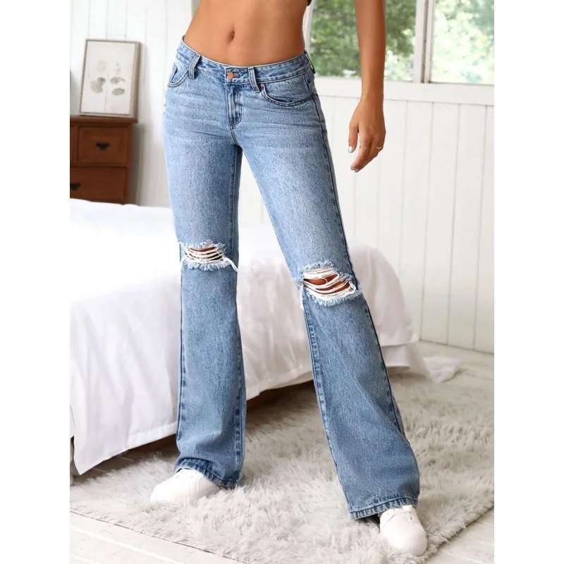 

Distressed Flared Jeans High Slit Hole Design Women's Premium Denim Pants Spring 2026 Fashion Trend Loose Fit Trousers