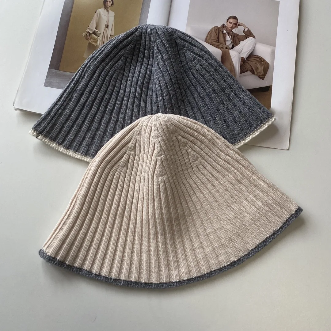 Women Beaded Bucket Hat Autumn Winter Contrast Color Casual Female Wool Cap