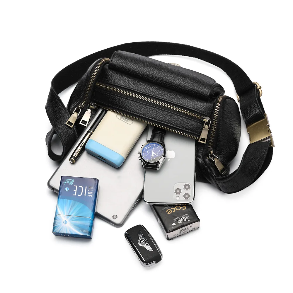 حقيبة صدر جلدية للرجال جديدة للرجال الخصر جلد طبيعي سعة كبيرة موضة جلد البقر Crossbody حقيبة صدر متعددة الوظائف