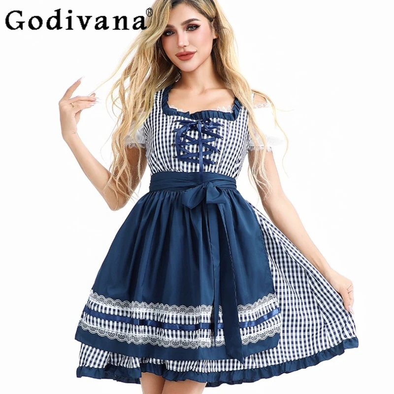 

European American Sexy Lace Slim Gothic Lolita Dress Elegant Blue Plaid Temperament Square Neck Party High Waist A-line Dresses