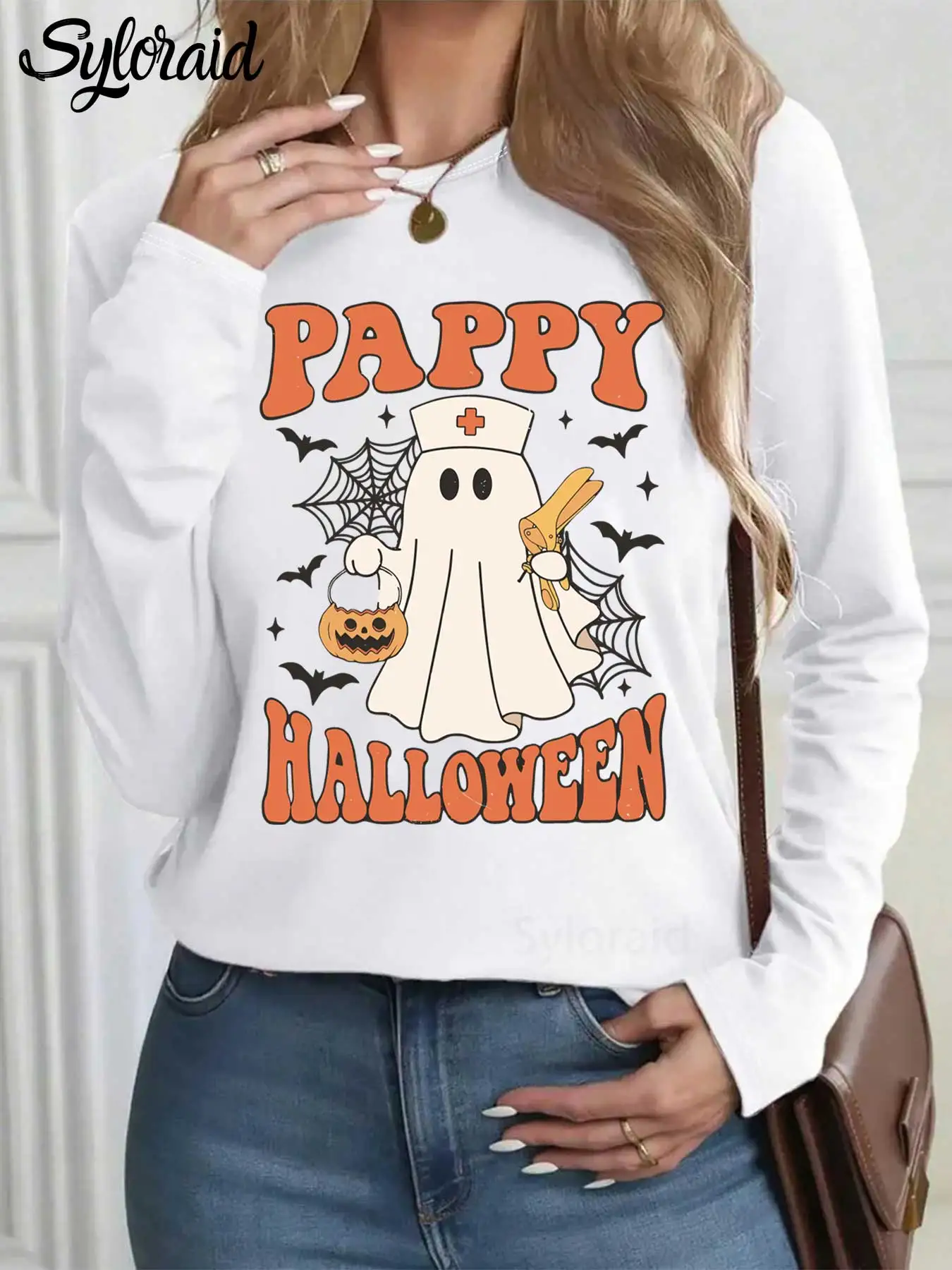 المرأة طويلة الأكمام تي شيرت OBGYN ممرضة شبح تي شيرت هالوين شبح مع منظار قميص موضة الجولة الرقبة رداء علوي غير رسمي #1