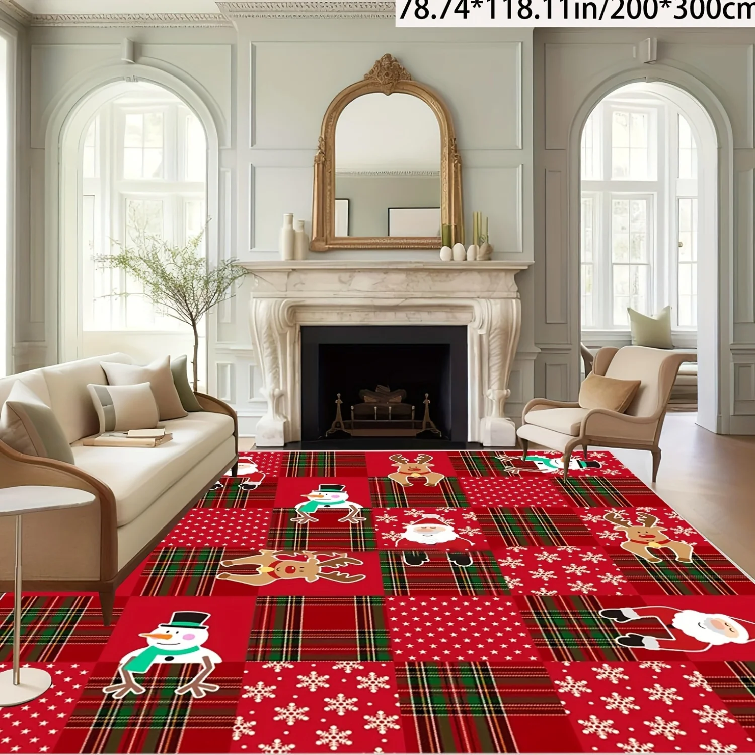 VIKAMA Patchwork Christmas Large‑size Area Rug Santa Claus Snowman Reindeer Snowflake Plaid Spliced Non‑slip Living‑room Floor