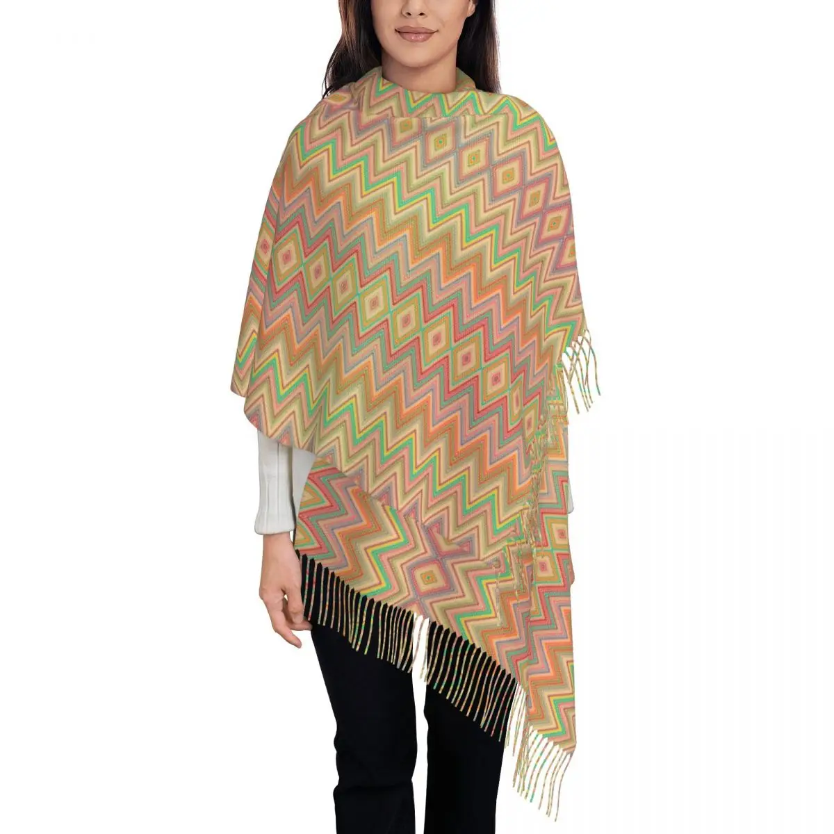 

Модный современный зигзагообразный шарф с узором, женский длинный зимне-осенний теплый платок с кисточками, унисекс, шарфы с геометрическими волнами, художественные шарфы