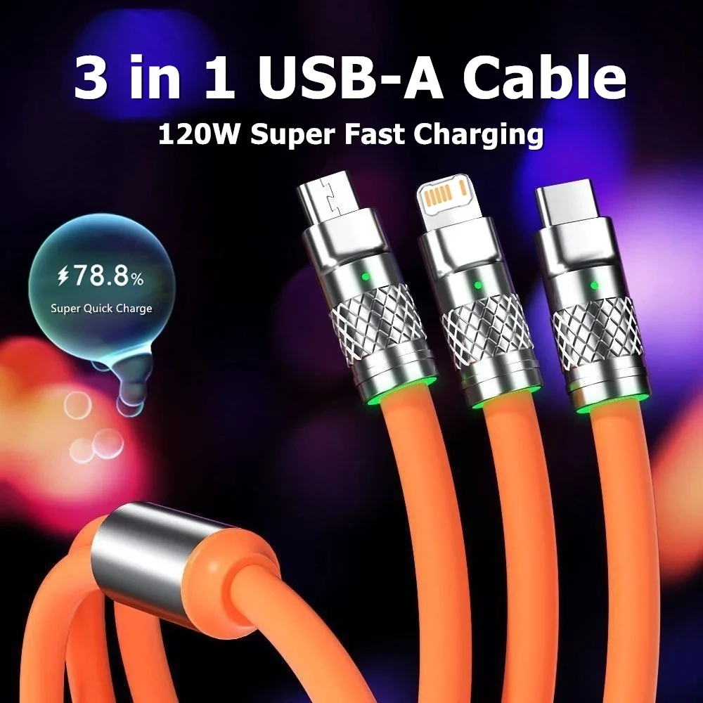 3 In 1 Multi-Port 120W Fast Charge Cable For iPhone 13 14 Huawei Honor Xiaomi Redmi POCO Micro USB Type C Quick Charging Cable