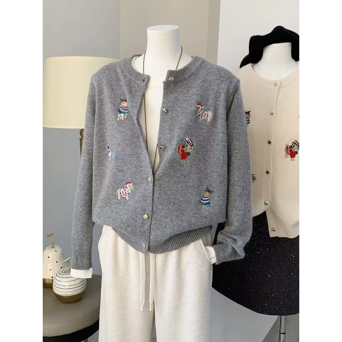 Womens Knit Cardigan Cartoon Dog Embroidery Sweater