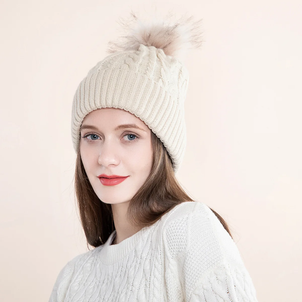 Women Winter Bonnet Soft Thick Beanies Fleece Lined Dual Layer Faux Fur Pom Pom Knitted Hats Fashion Outdoor Sports Skullies  Ca