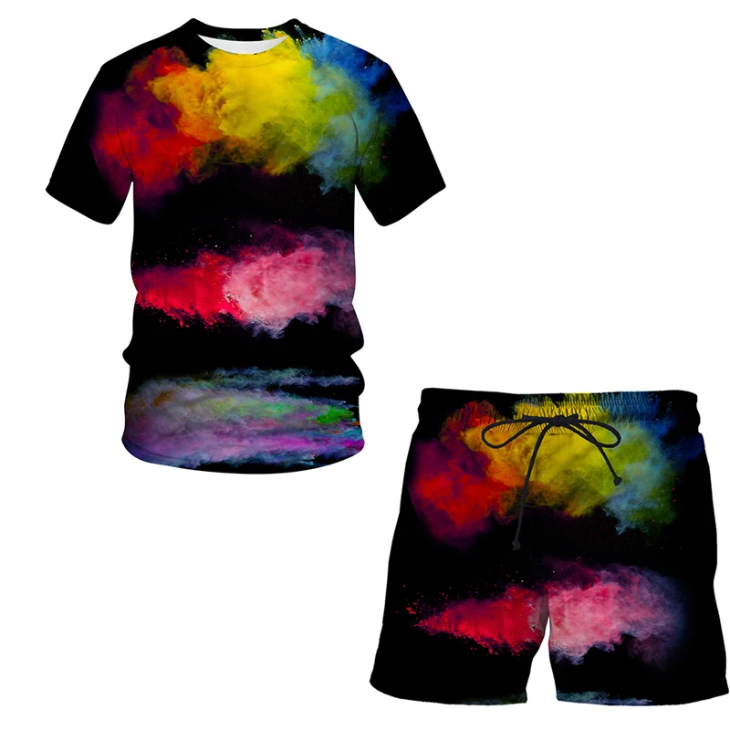 Oversized Splash Tie Dyeing Men's Clothing Boys T-shirts Unisex 3D Print Beach Short 2022 New Casual T-shirt Shorts Set 2pcs