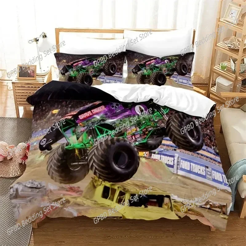 Cartoon Monster Truck Cool Vehicle Off Road Vehicle Bedding Set Single Twin Double Queen King Cal King Size Bed Linen Set