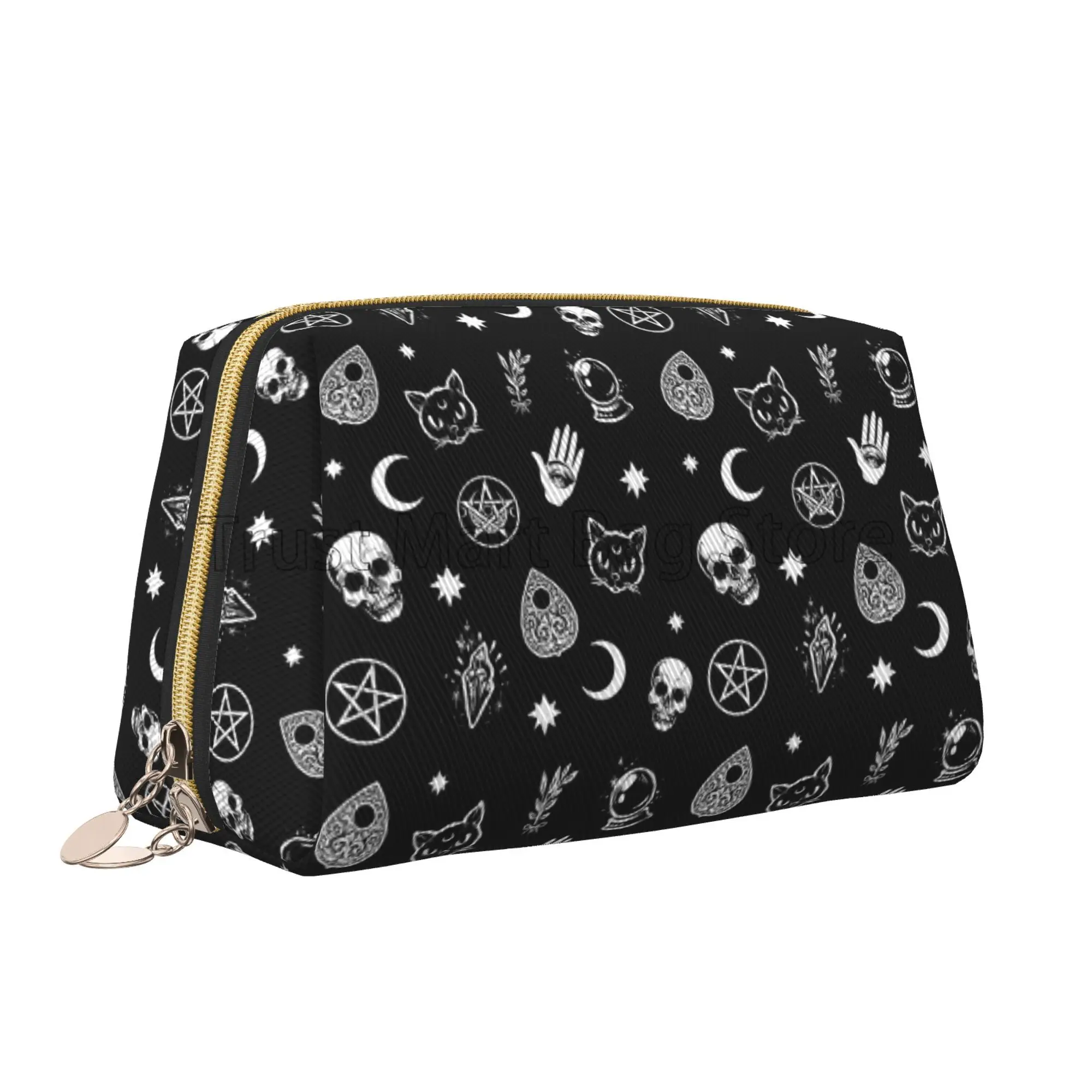 Black Witch Skull Moon Divination Large Makeup Bag Leather Travel Cosmetic Organizer Bag for Women Waterproof Toiletries Pouch