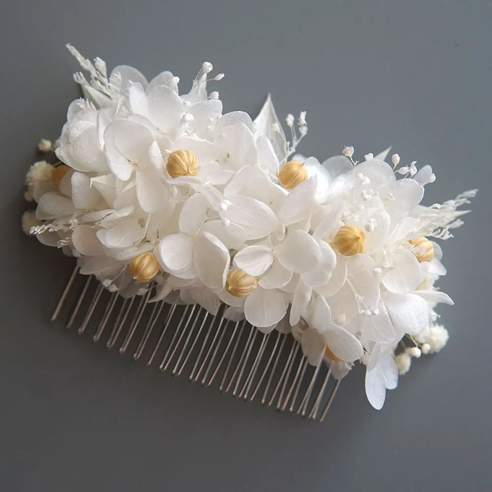 Peine de flores preservadas para mujer, pieza para el cabello, perlas, joyería hecha a mano de boda, tocado, adorno para el cabello