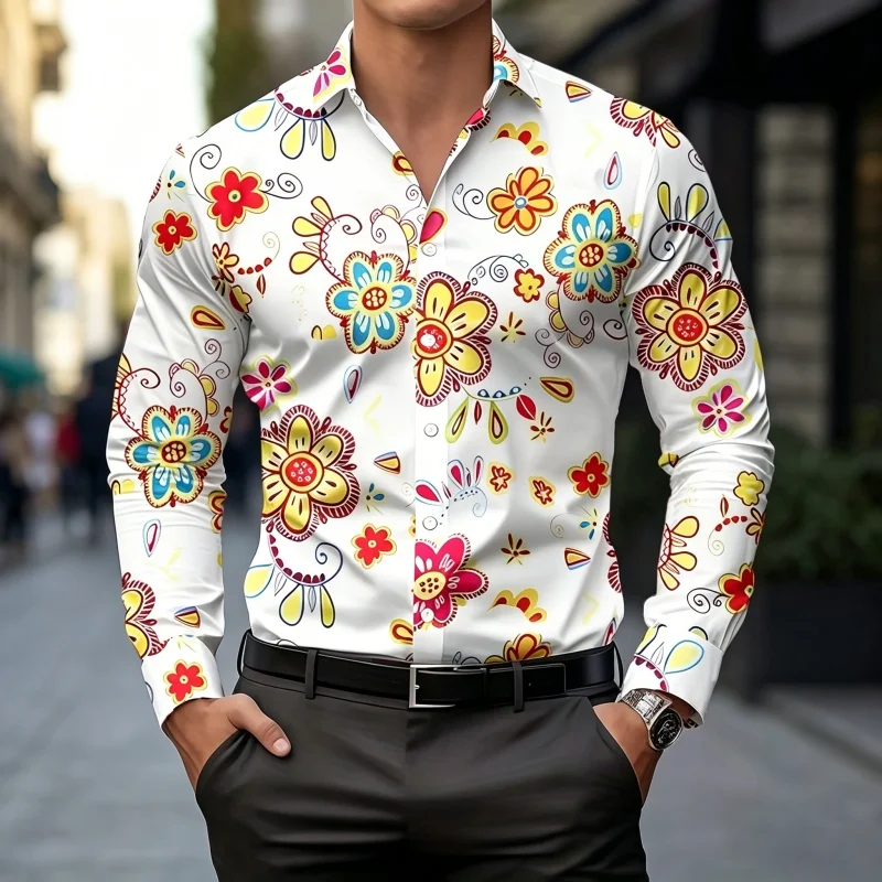 2026 new men's shirt fashion printed shirt light luxury retro pattern slim fit long sleeved men's business casual fashion top view 4