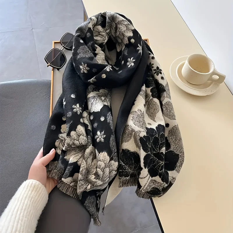 Chic Dual-Sided Floral Scarf for Women - Cozy & Warm, Perfect for Winter Outings