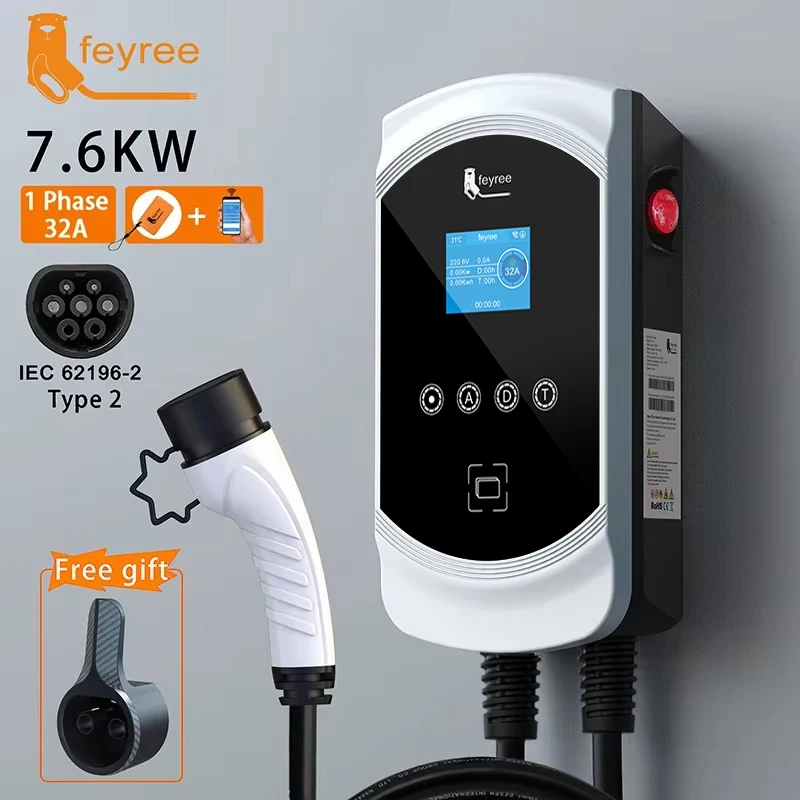 Feyree EV Charger 32A 7.6KW Kendaraan Listrik Charger Mobil EVSE Wallbox 11KW 22KW 3 Fase Type2 Kabel IEC62196-2 Soket Kontrol Aplikasi