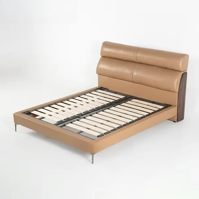 Modern luxury leather upholstered comfortable bed, king-size double bed, pine iron frame, double-sided storage space