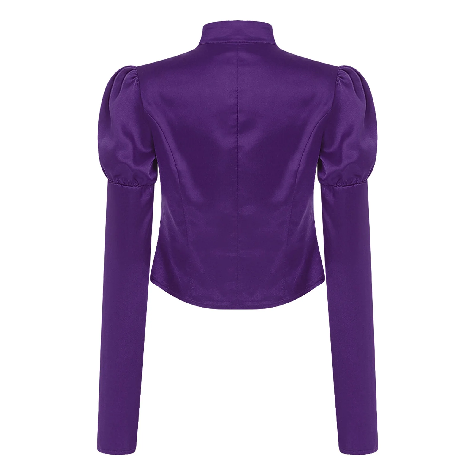 Women Victorian Button Blazer Tee-shirts Stand Collar Long Puff Sleeves Satin Blouse Shirt for Theme Party Halloween Dress-up