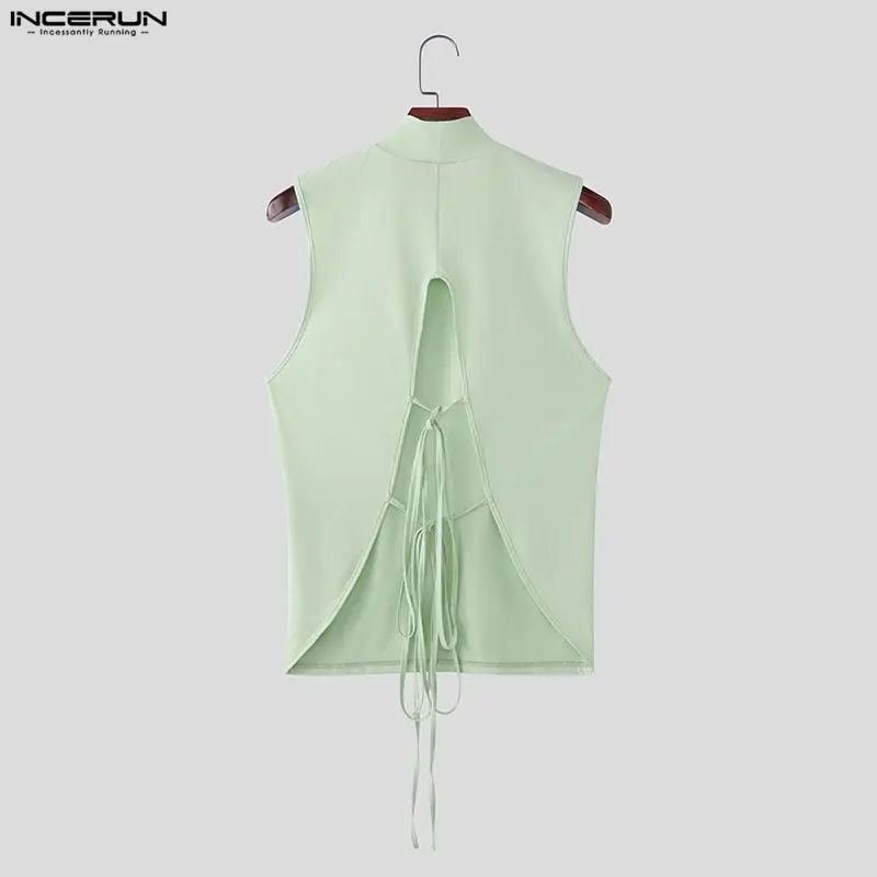 INCERUN Men's Tank Tops Solid Color Turtleneck Sleeveless Male Vests Backless Hollow Out Lace Up Streetwear Tops Men Clothes