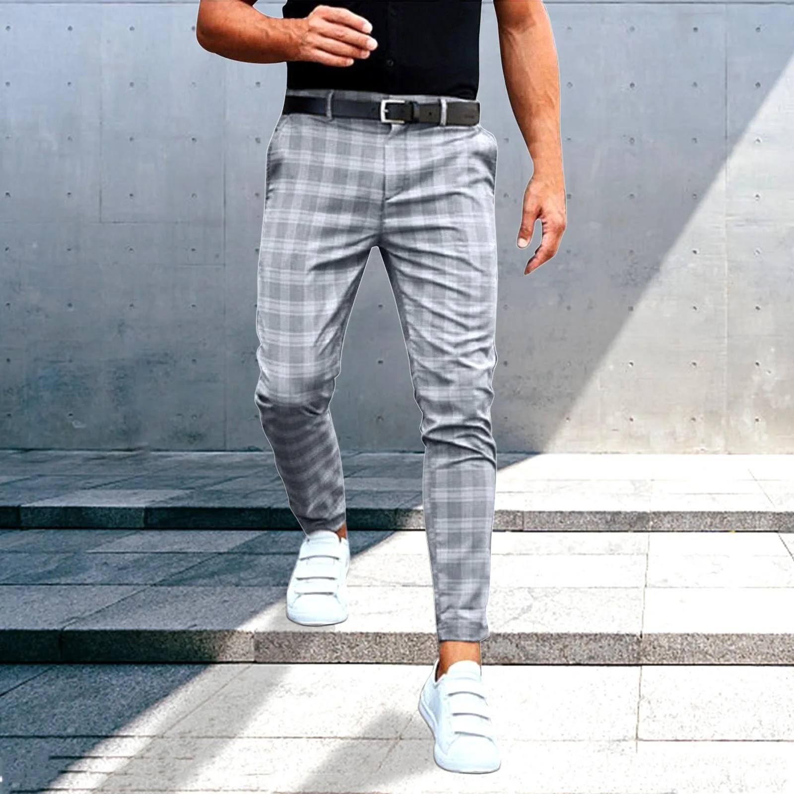 Men's Leisure Pants Slim Fit Straight Leg Trousers Fashion Casual Plaid Zipper Formal Suit Pants Streetwear Male Pencil Trouser