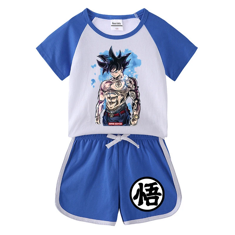 2 stks Dragon Ball T-shirt + shorts Kinderkleding Cartoon Anime Korte Mouw Pak Kid Goku Trendy Thuis Kleding geschenken Cool Tee