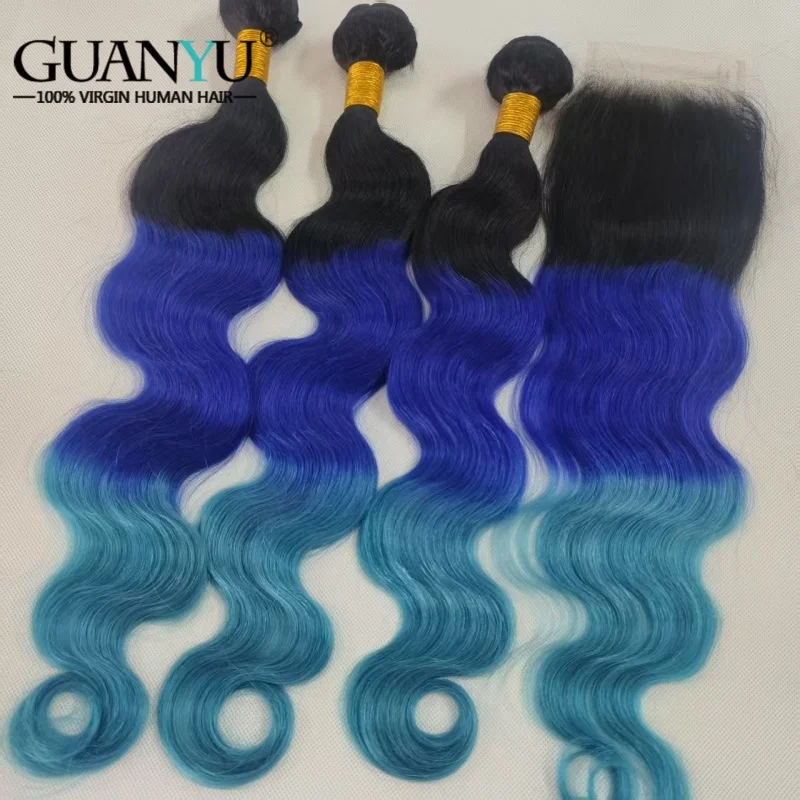 

Т # 1B/синий/светло-голубой объемная волна, цветные пучки волос с застежкой, плетение человеческих волос Remy, 3 пучка с кружевной застежкой 4x4