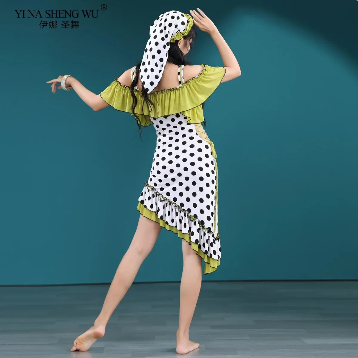 Nieuwe stijl buikdans vrouwelijke elegante top oefenkleding pak zomer beroep dansen polka dot afdrukken prestatiekleding