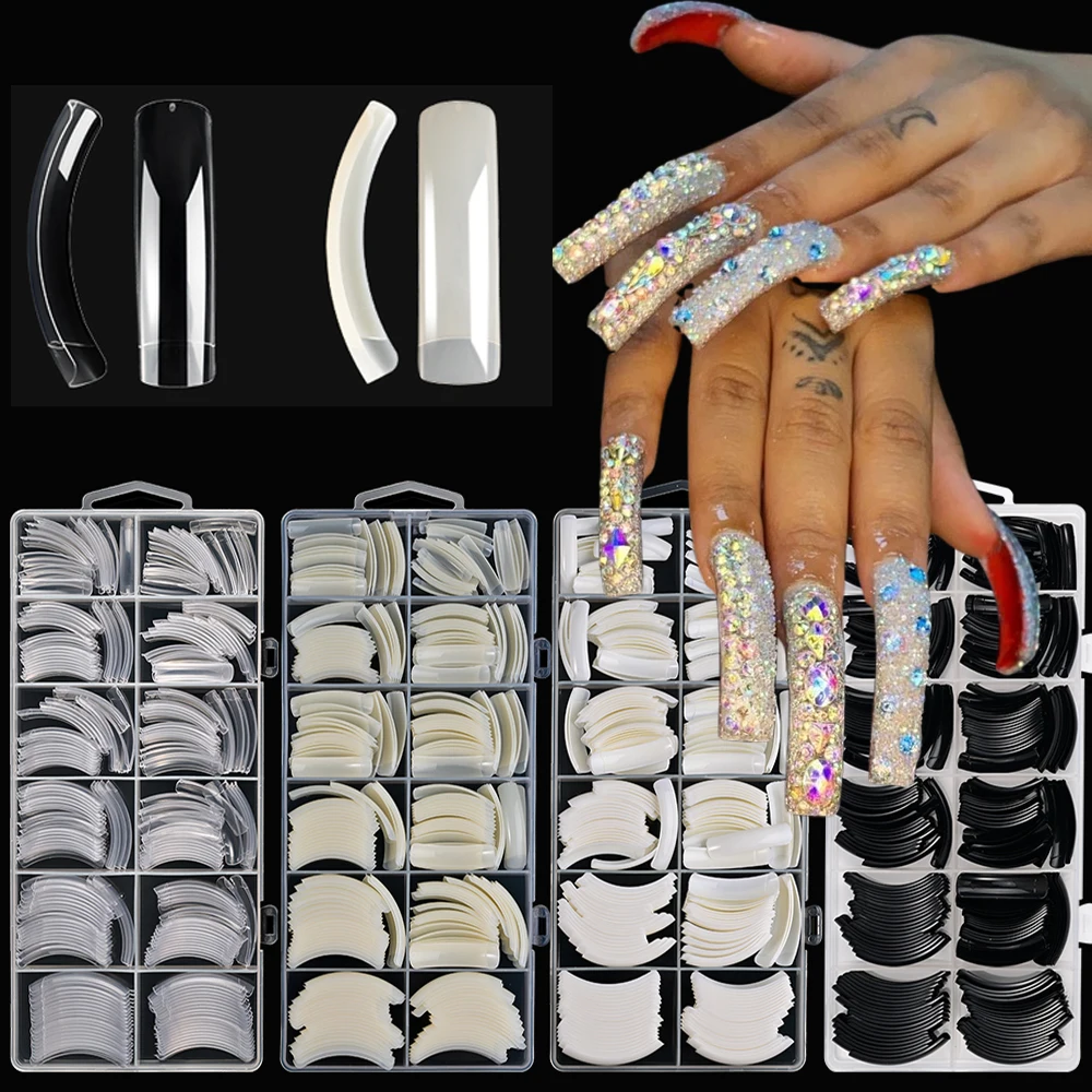 

240Pcs Super Long Square Clear Curved Nail Tips XXXL Hawk Curved Extreme Deep Curve Full Cover Acrylic Flake Nail Tips Extension