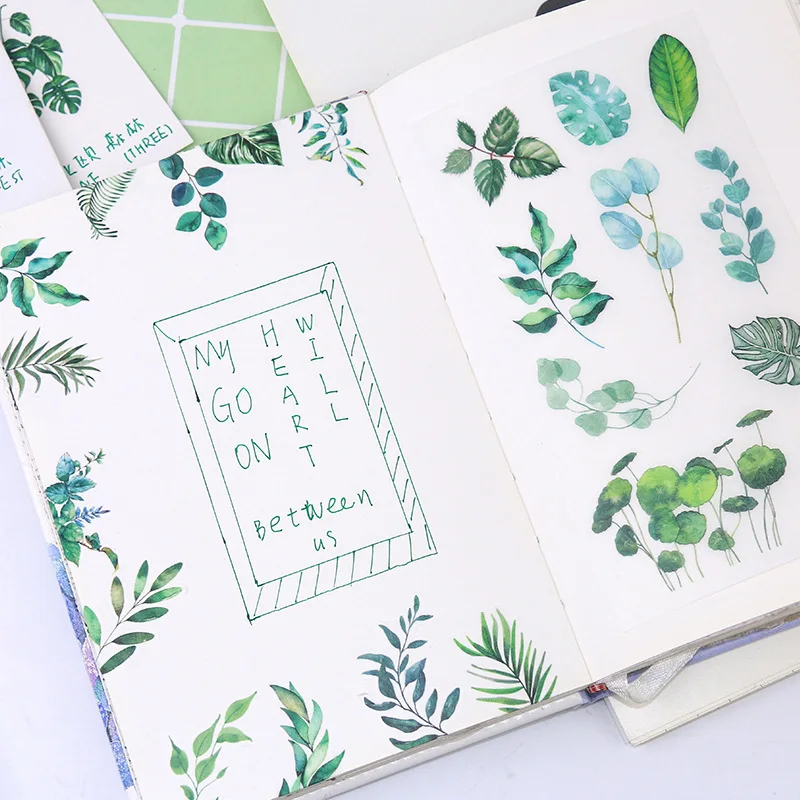 6 Sheets Diary Deco Washi Sticker Stationery Nordic Style Green Leaf Plant Aesthetic Stickers ing Accessories