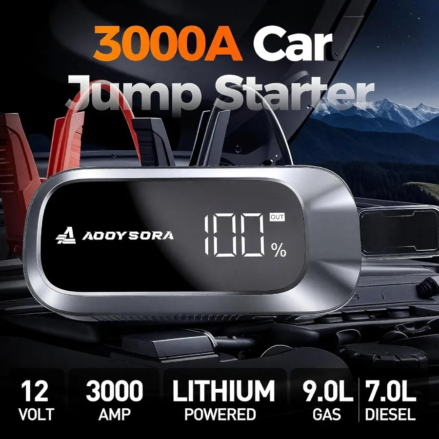 3000A Car Battery Jump Starter with 16000mAh Capacity for 12V Vehicles Up to 9.0L Gasoline 7.0L Diesel Engine Start Portable Ju