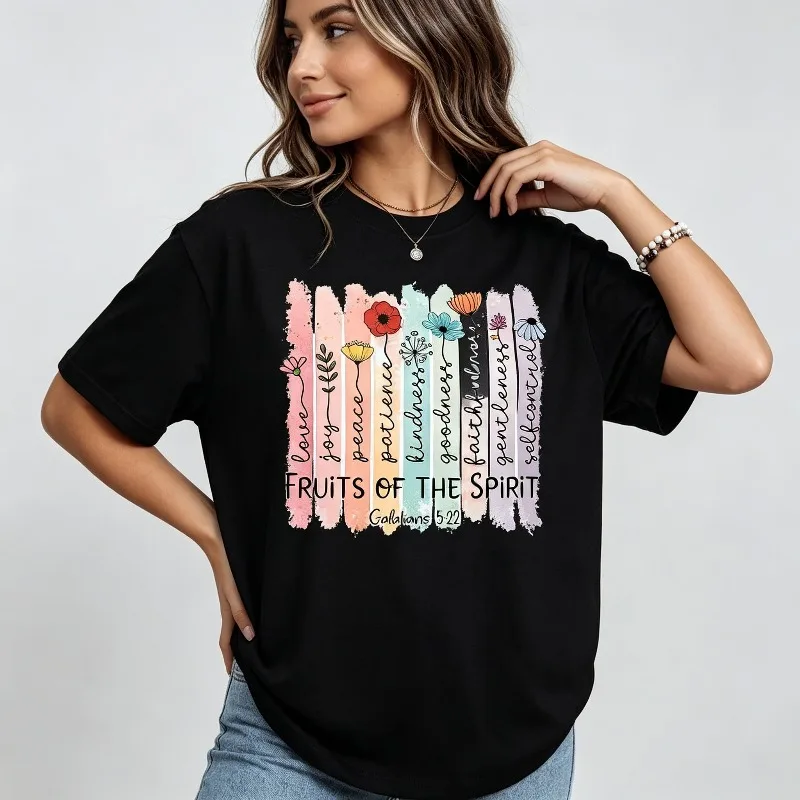 Women’s Inspirational Christian T-Shirt “Fruits of the Spirit” Galatians 5:22 Flower Graphic Casual Cotton Top Faith Gift Female