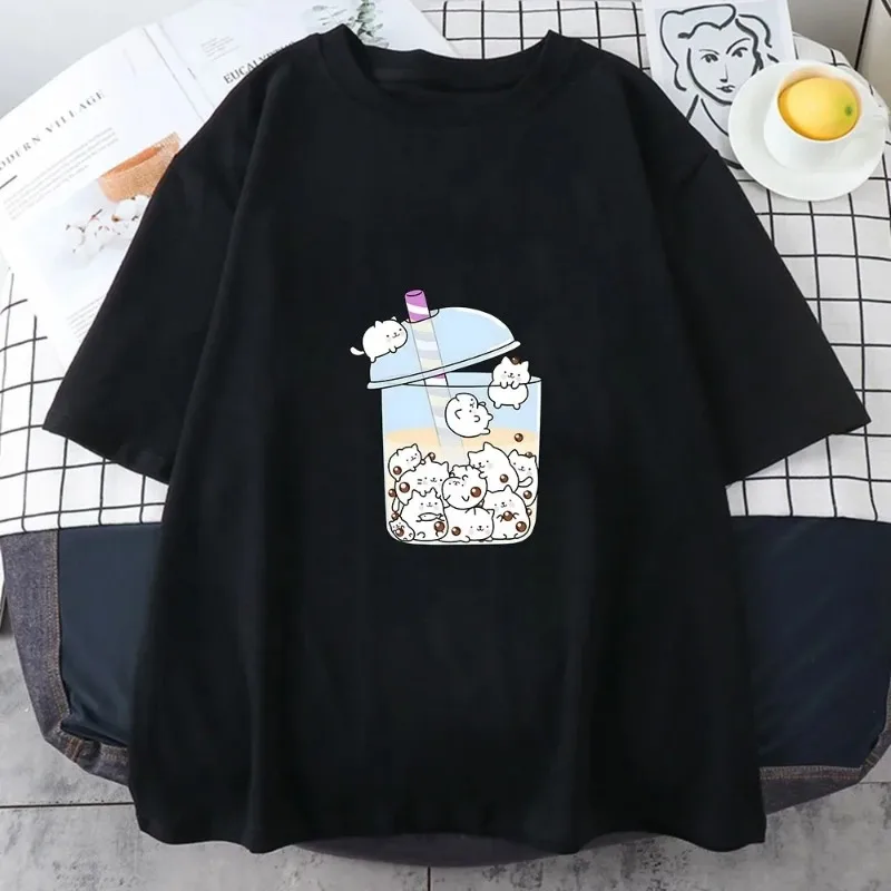 فقاعة بوبا الحليب الشاي تي شيرت مطبوع للنساء النسيج مريحة الصيف تنفس الشارع موضة عادية Y2k90s المرأة قصيرة
