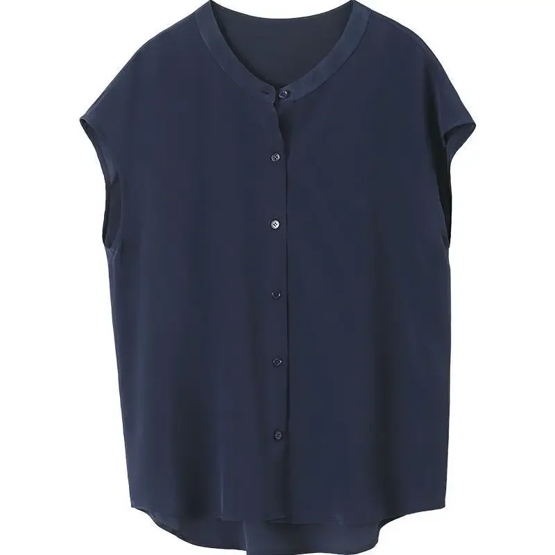 Summer Office Lady Button Loose Blouse Short Sleeve O-neck Solid All-match Temperament Shirt Tops Fashion Trend Women Clothing
