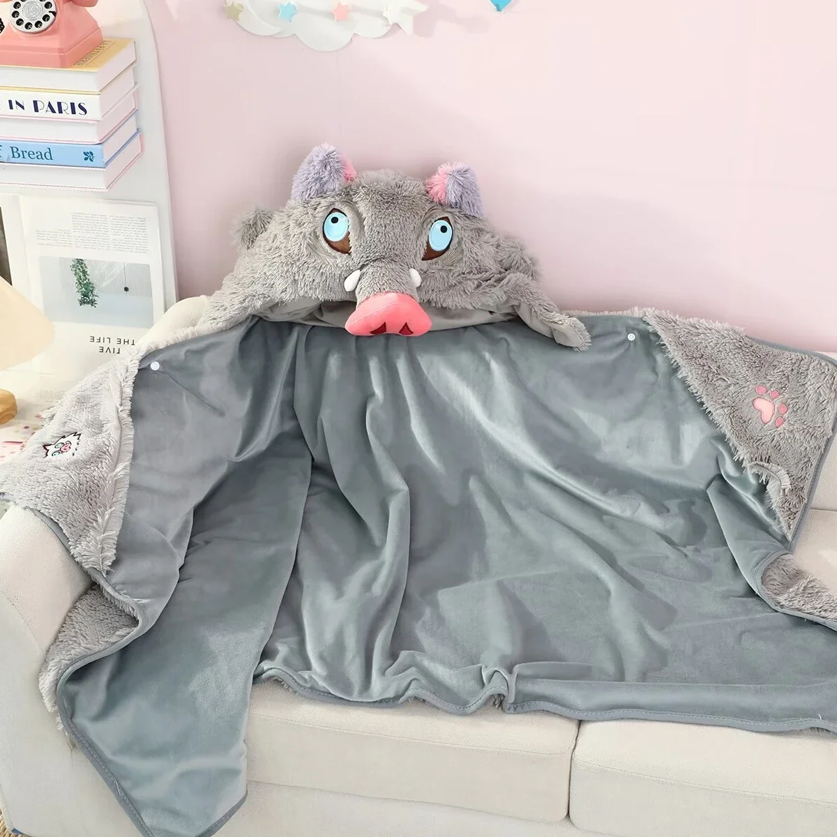 Adorable Animal Wild BoarHooded Blanket Hashibira Inosuke Soft Fleece Wearable Throw Blanket Cloak With Hat Xmas Gifts Boy Girl