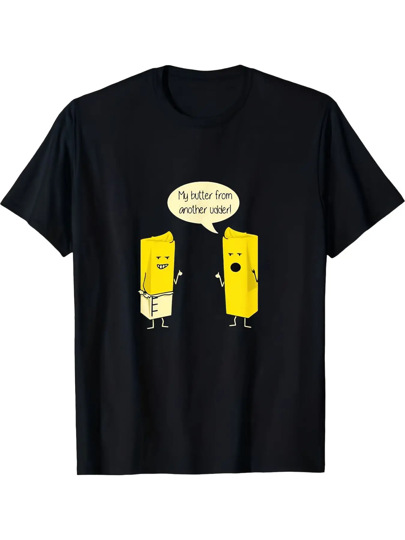 Funny Cartoon Butter Sticks Graphic T-Shirt - Whimsical Black Tee with Cheerful Butter Character and Light-Colored Speech Bubble, Perfect for Men's Plus Size Casual Wear