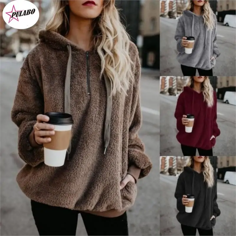 

PULABO Fashing Women Fleece Hoodies Long Sleeve Hooded Pullover Sweatshirt Autumn Winter Warm Zipper Pocket Fur Coat 5XL