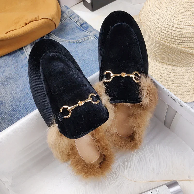 Women Wear Mueller Shoes Rabbit Fur Slippers Autumn Winter Super Hot Lazy Slippers With Flat Bottom Toe-covered Half Slippers