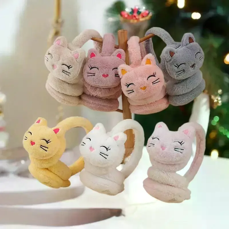 韓国版 秋冬用ぬいぐるみ暖かい耳あて、ぬいぐるみのかわいい漫画猫耳あては寒さから耳を守ります