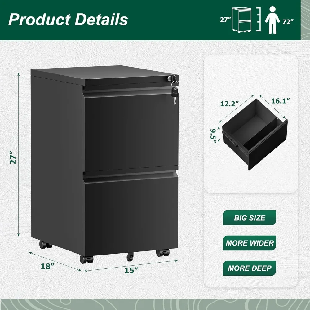 2 Drawer File Cabinet, Metal Rolling Filing Cabinet with Lock, Small File Cabinet with 2 Drawer, Filing Cabinets for Home Office