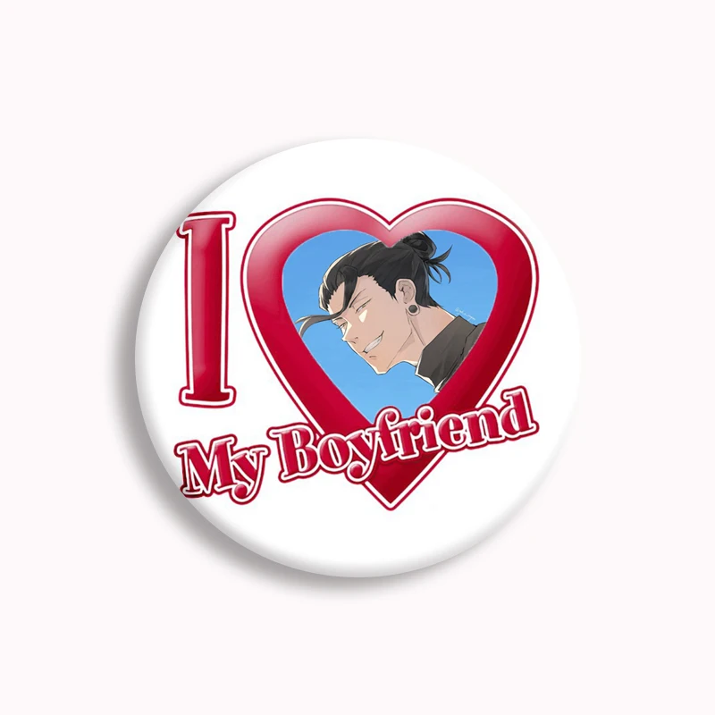 I Love my Boyfriend Jujutsu Kaisen botón Pin creativo Anime insignia Suguru Geto Gojo Choso Sukuna broche insignia Fans colecciona 58mm