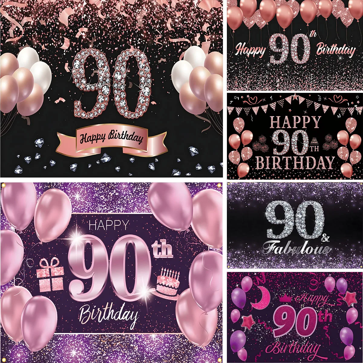 Happy 90th Birthday Banner Backdrop Decoration Confetti Balloons Garland Rose Gold Women Pink 90 Years Background Photography