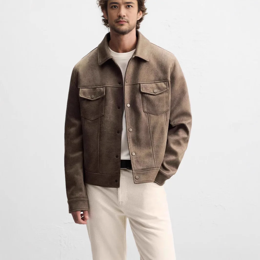 

Осень 2025: новая мужская замшевая текстурированная приталенная стираная куртка с длинными рукавами