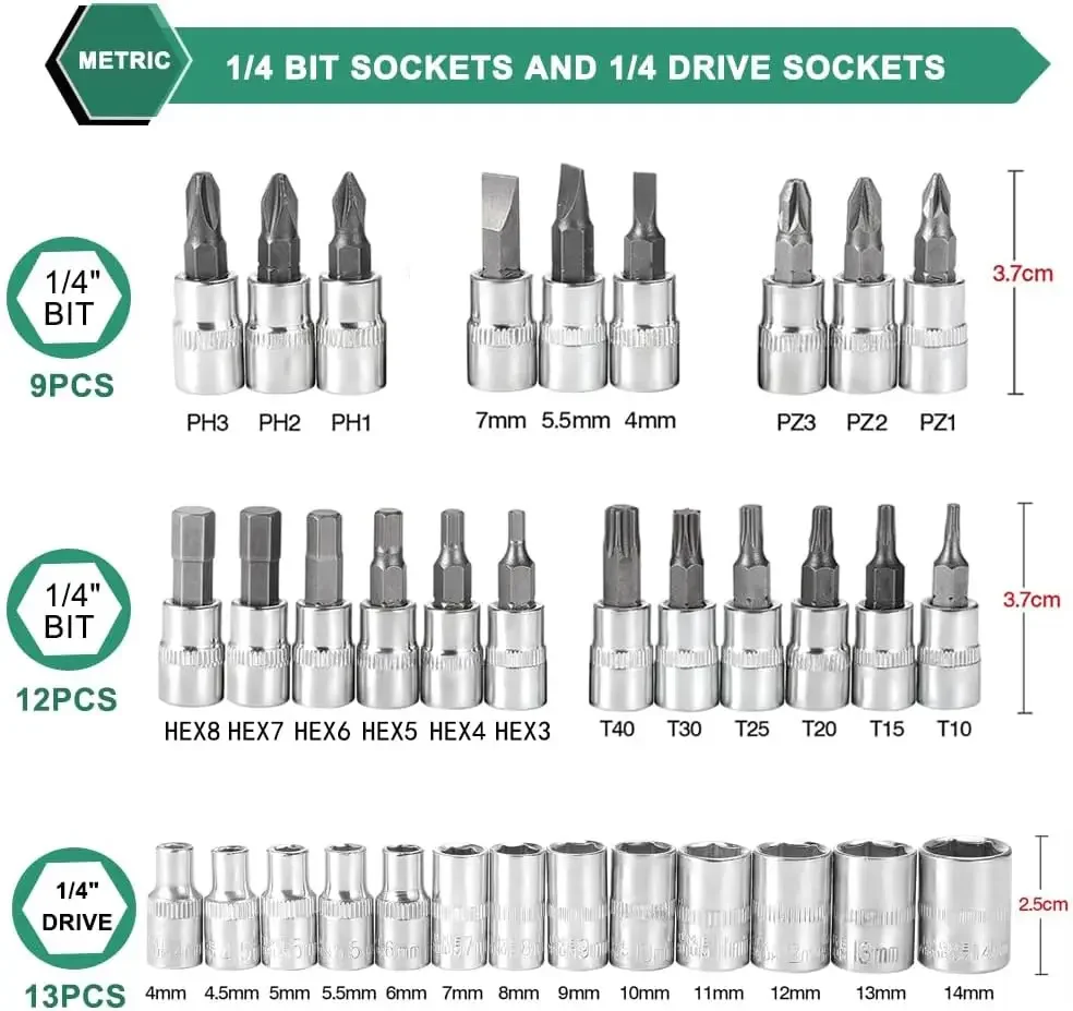 46 قطعة 1/4 بوصة محرك المقبس اسئلة وجع مجموعة، مع بت مجموعة مقابس متري وشريط تمديد لإصلاح السيارات والدراجات #4